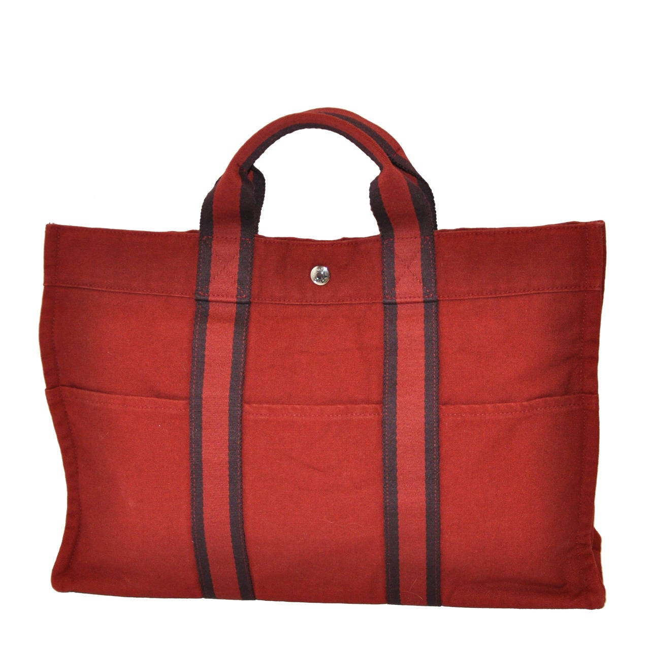 Hermes Burgundy Cotton Canvas Striped Tote For Sale