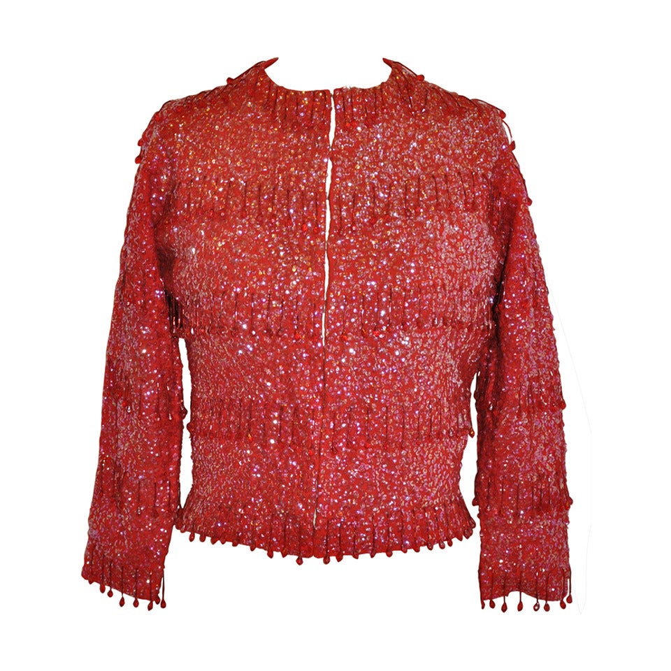 Ruby-Red Angora with Micro-Sequins and Seed Beading Cardigan