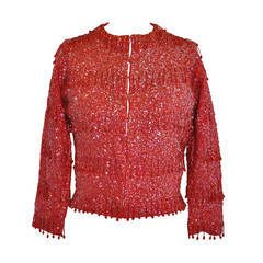 Vintage Ruby-Red Angora with Micro-Sequins and Seed Beading Cardigan