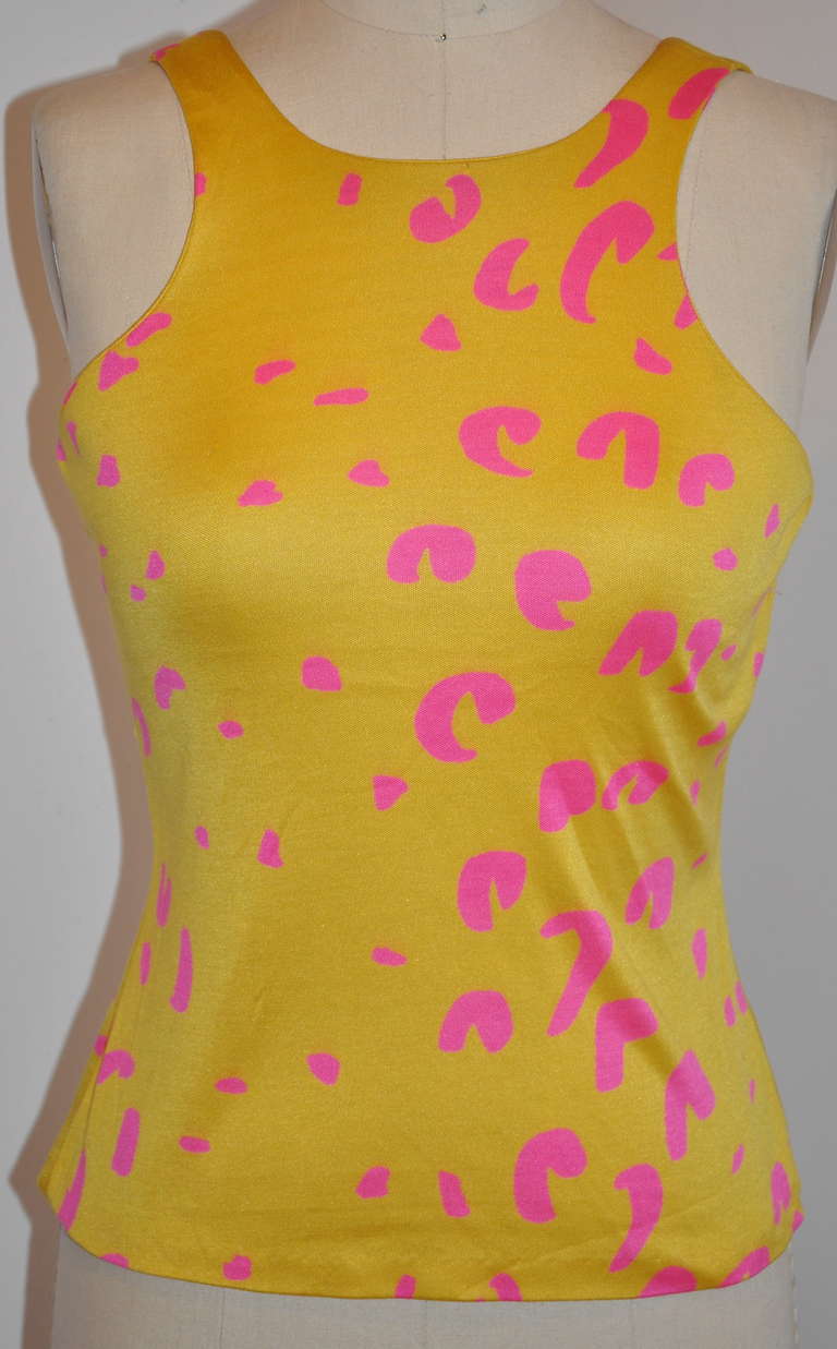 This rare and wonderfully whimsical Stephen Sprouse stretch silk jersey in Bold Yellow and fuchsia measures 9 1/4