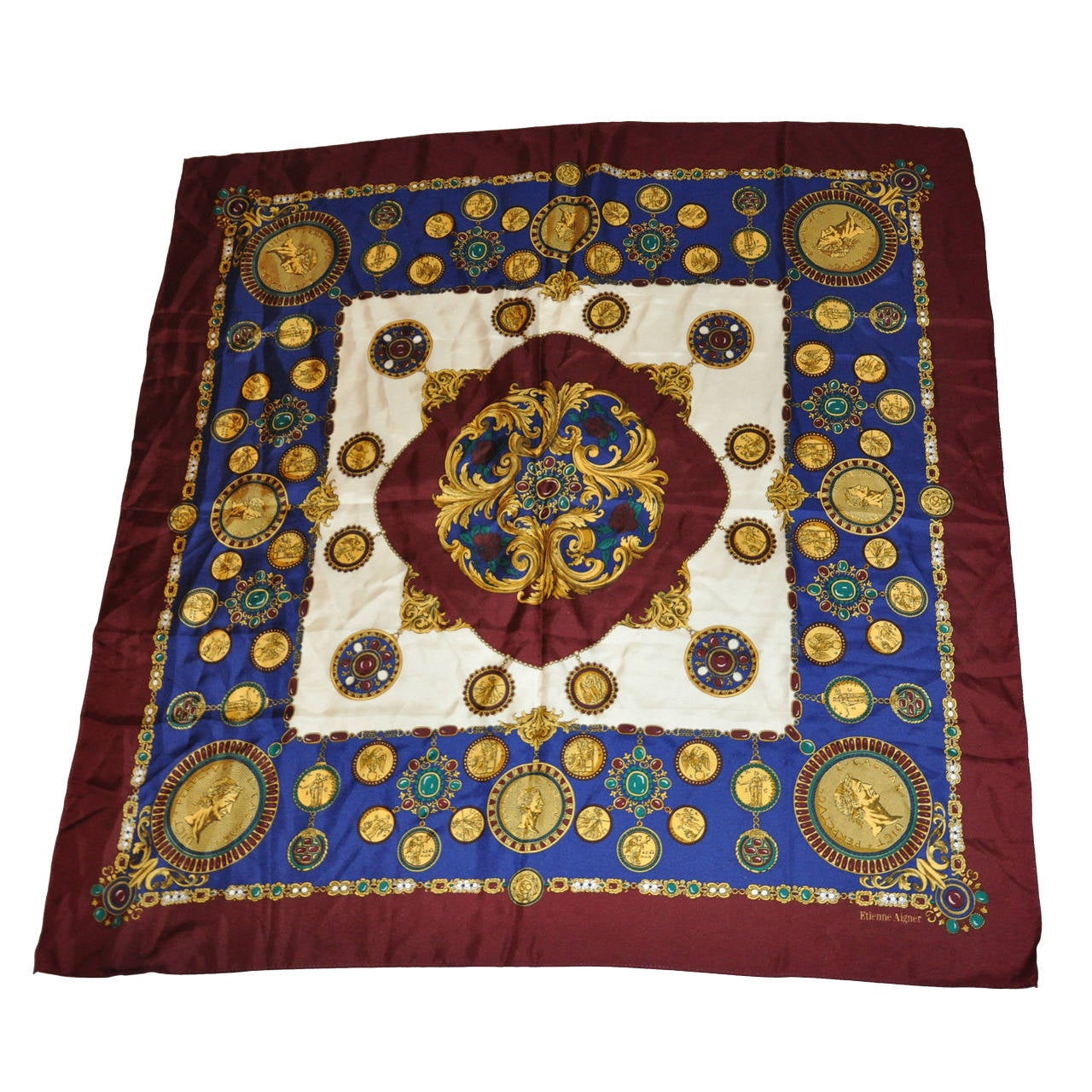 Etienne Aigner "Multi Coins" Silk Scarf For Sale