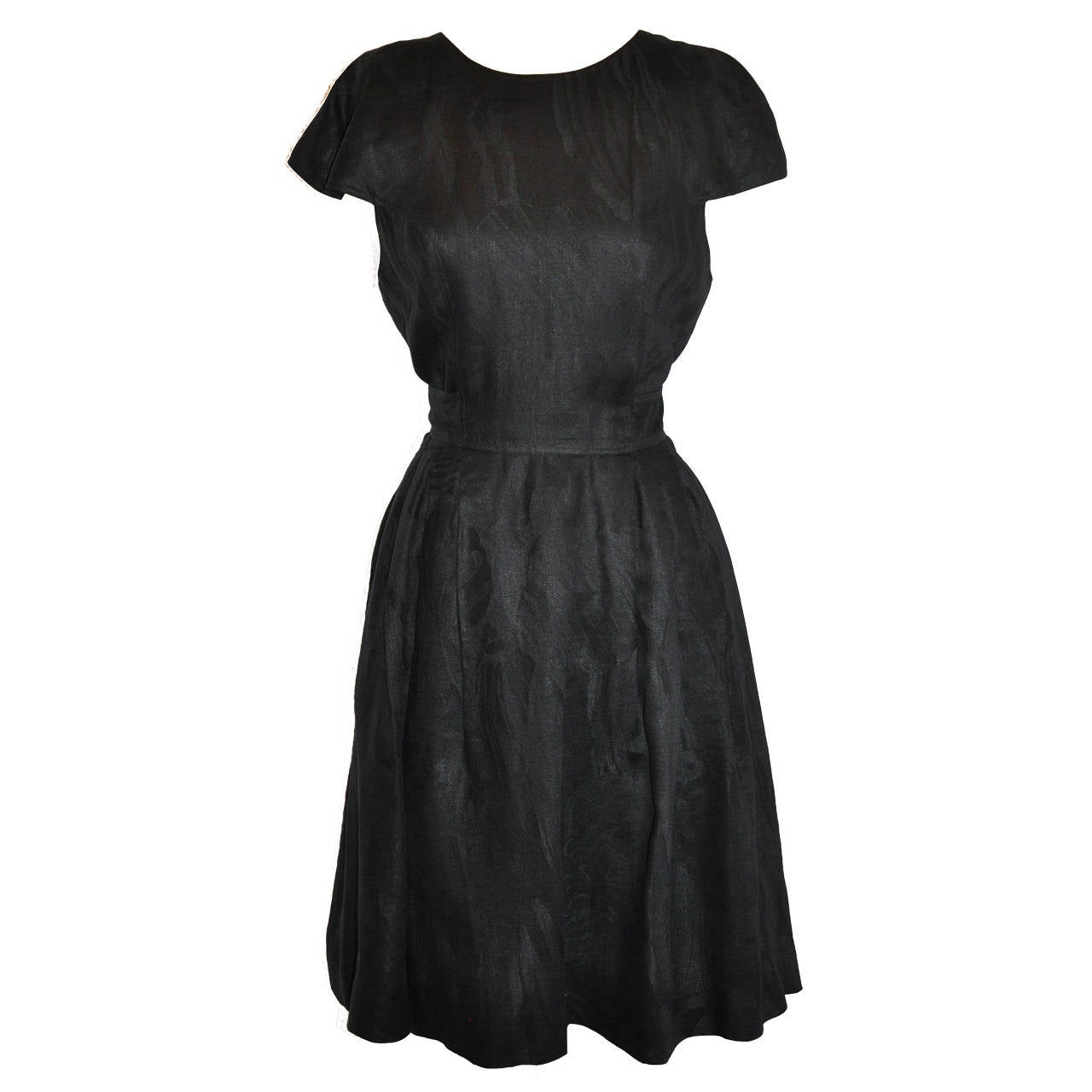 Albert Nipon Fully Lined Black-On-Black Print Deep Back Linen Dress