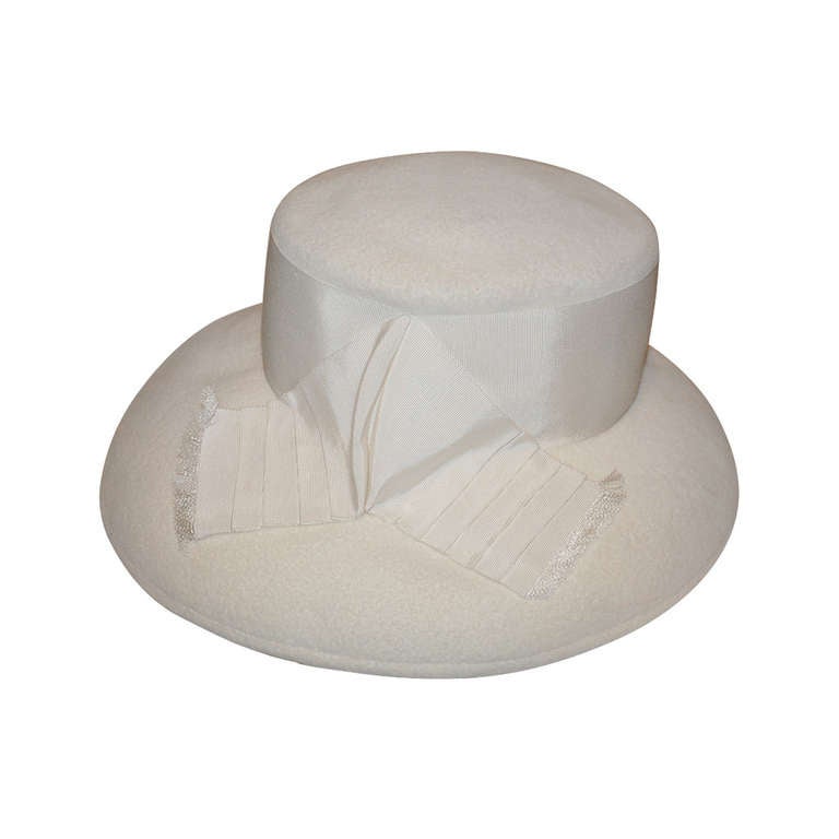 Rare Halston Ivory Wool Felt Hat with Silk Ribbon Accents