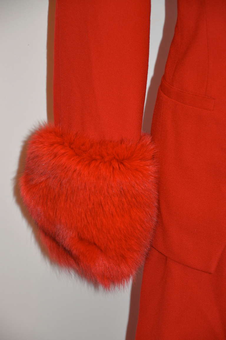 Women's Albert Nipon Red Wool Crepe with Red Fox Accent Ensemble