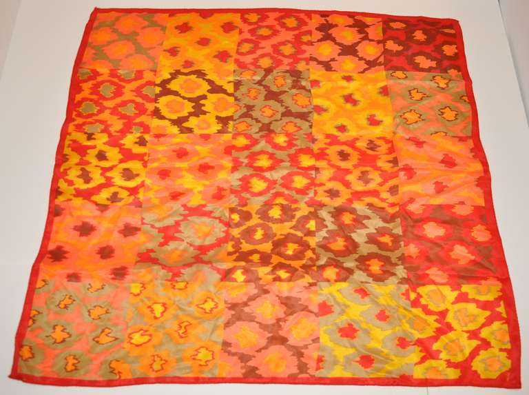 Pañuelo de Seda Multicolor Rojo, Mandarina, Verde Oliva y Marrón