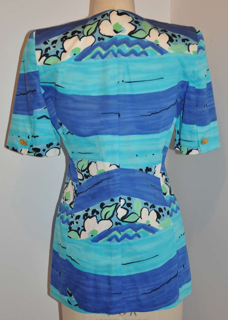 Blue Escada by Margaretha Ley Bold Turquoise Print Jacket For Sale