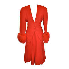 Albert Nipon Red Wool Crepe with Red Fox Accent Ensemble