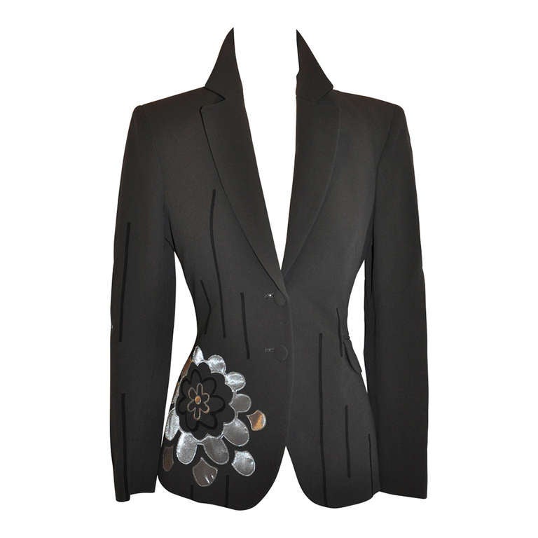 Moschino Gray with Flower Motif Fully Lined Blazer