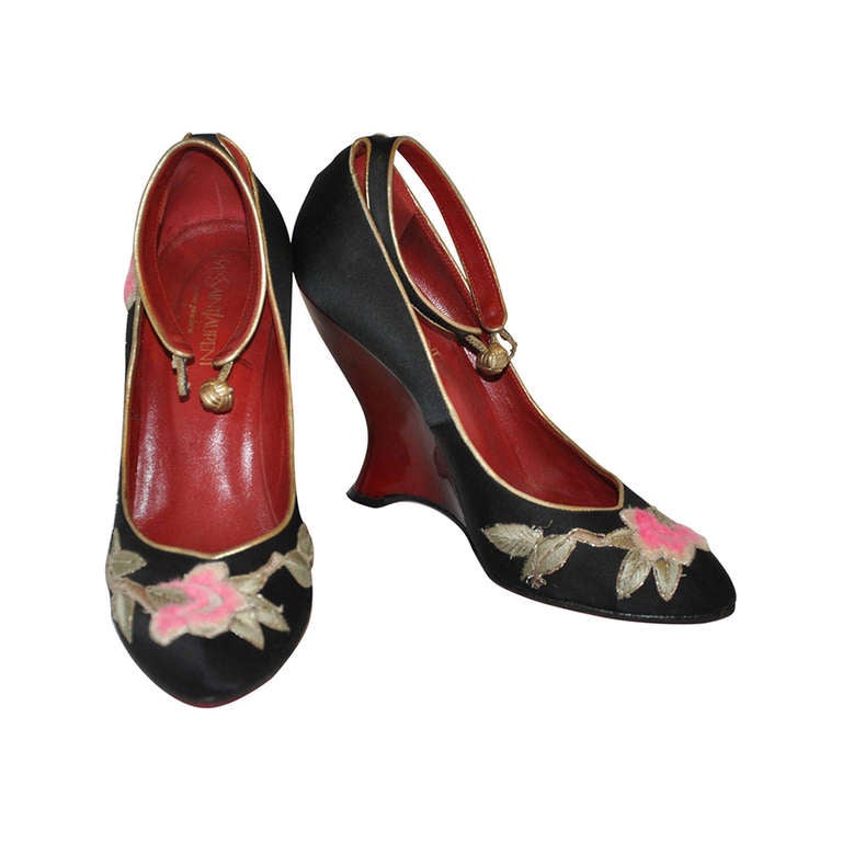 Yves Saint Laurent Hand-Embroidered Blood-Red Patent Leather Wedge Shoe For Sale