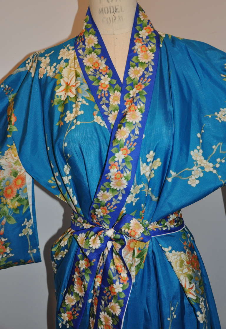 Cobalt Blue Floral Silk Japanese Kimono 1