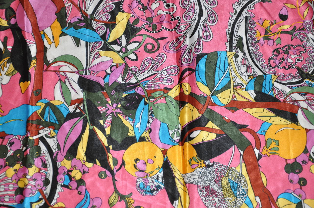        This wildly wonderful whimsical large multi-color silk crepe de chine scarf measures 36