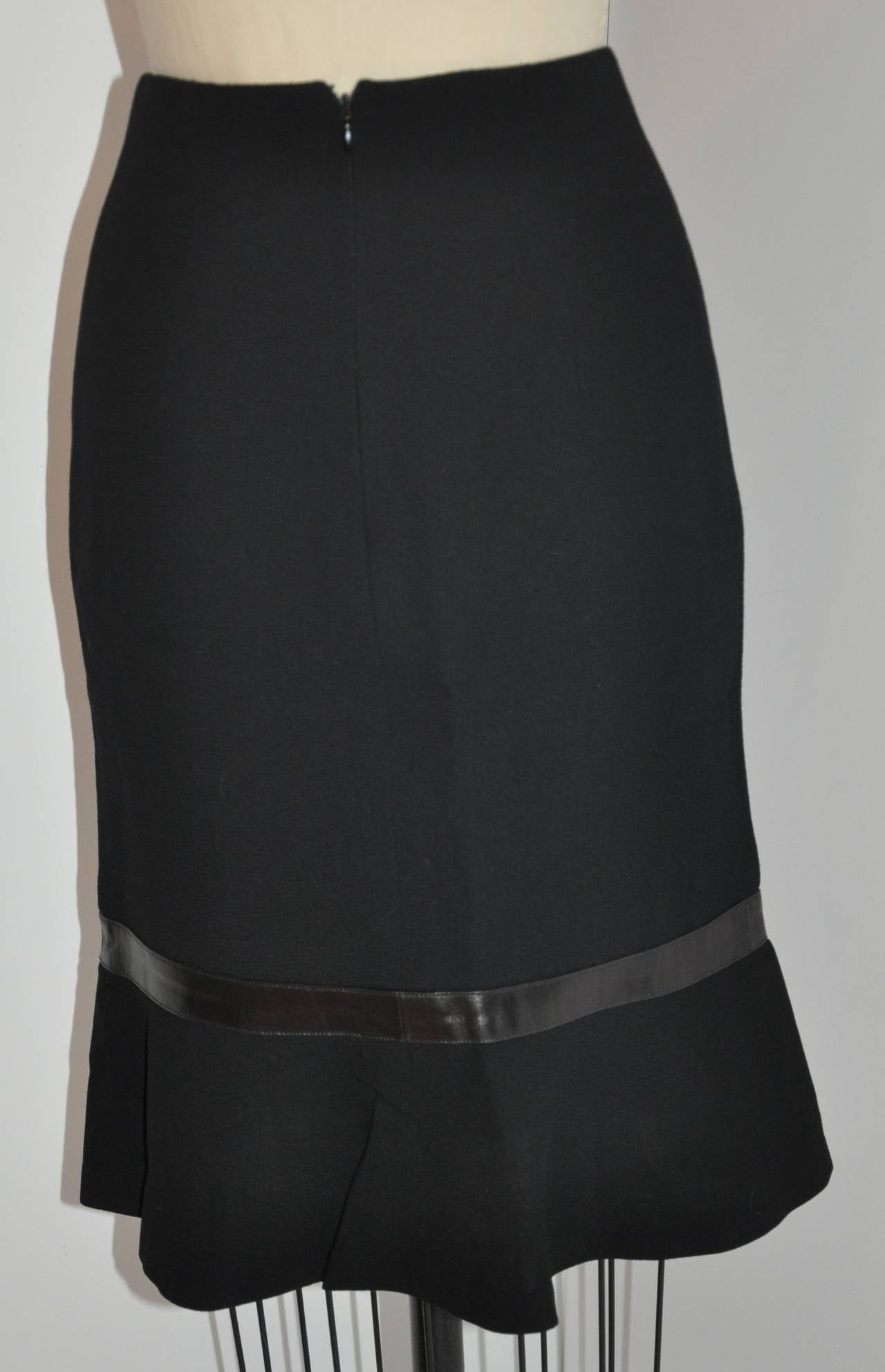 Luca Luca Black Wool Crepe Skirt with Leather Accent