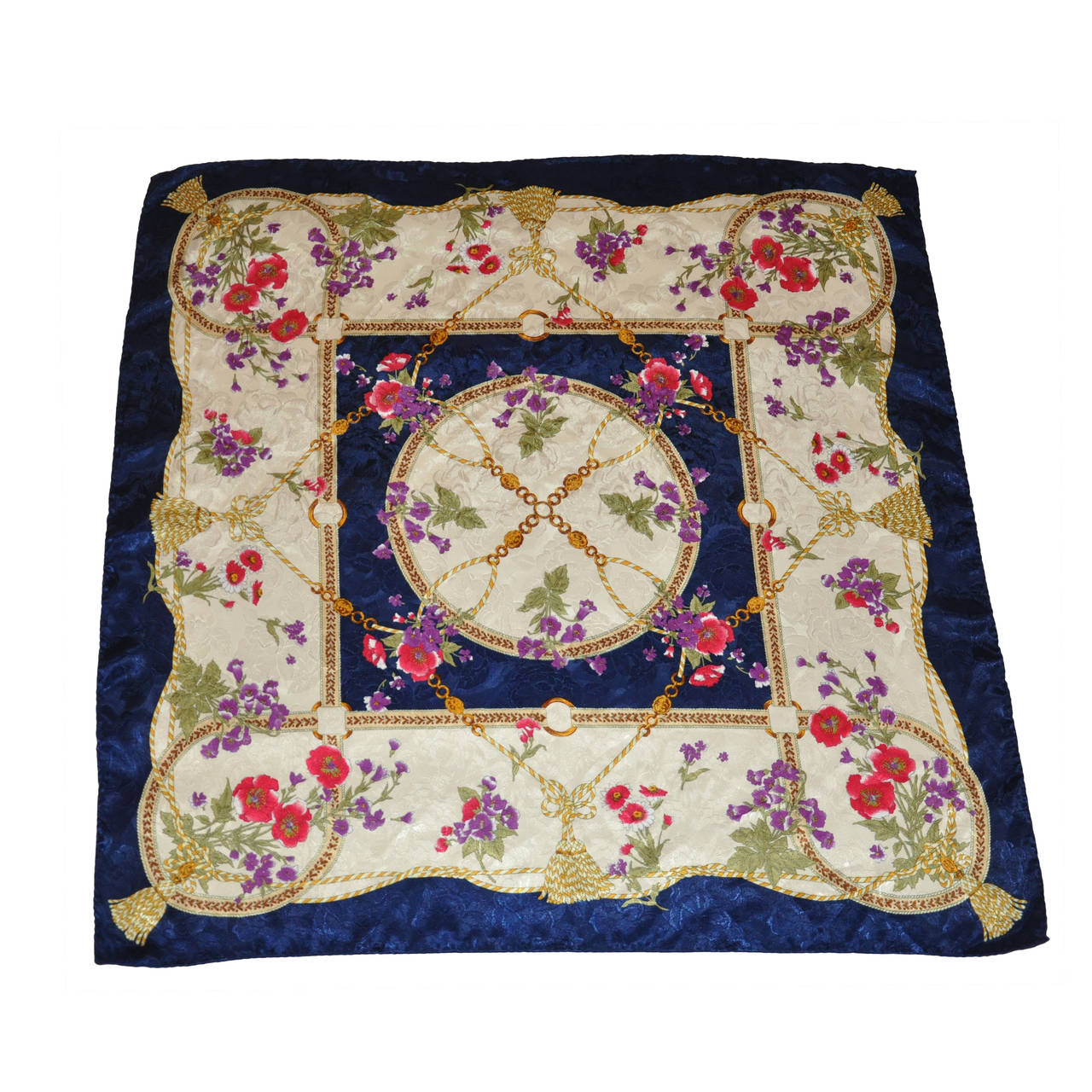 Sciarpa in seta con bordi blu e fiori multicolore