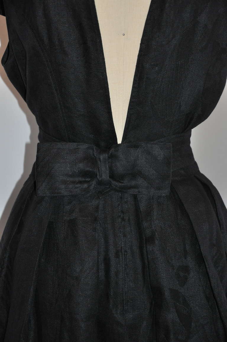 Albert Nipon Fully Lined Black-On-Black Print Deep Back Linen Dress 1