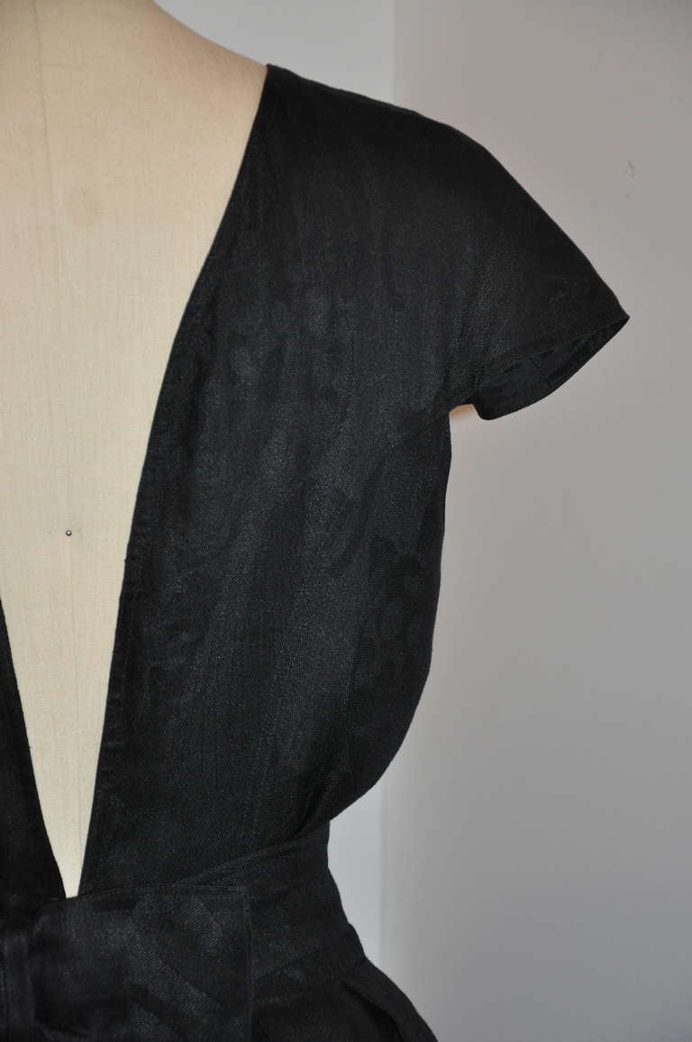 Albert Nipon Fully Lined Black-On-Black Print Deep Back Linen Dress 3