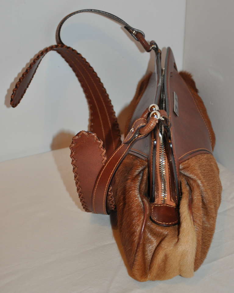 Gianfranco Ferre Warm Brown Leather and Pony Shouler Bag In Excellent Condition For Sale In New York, NY