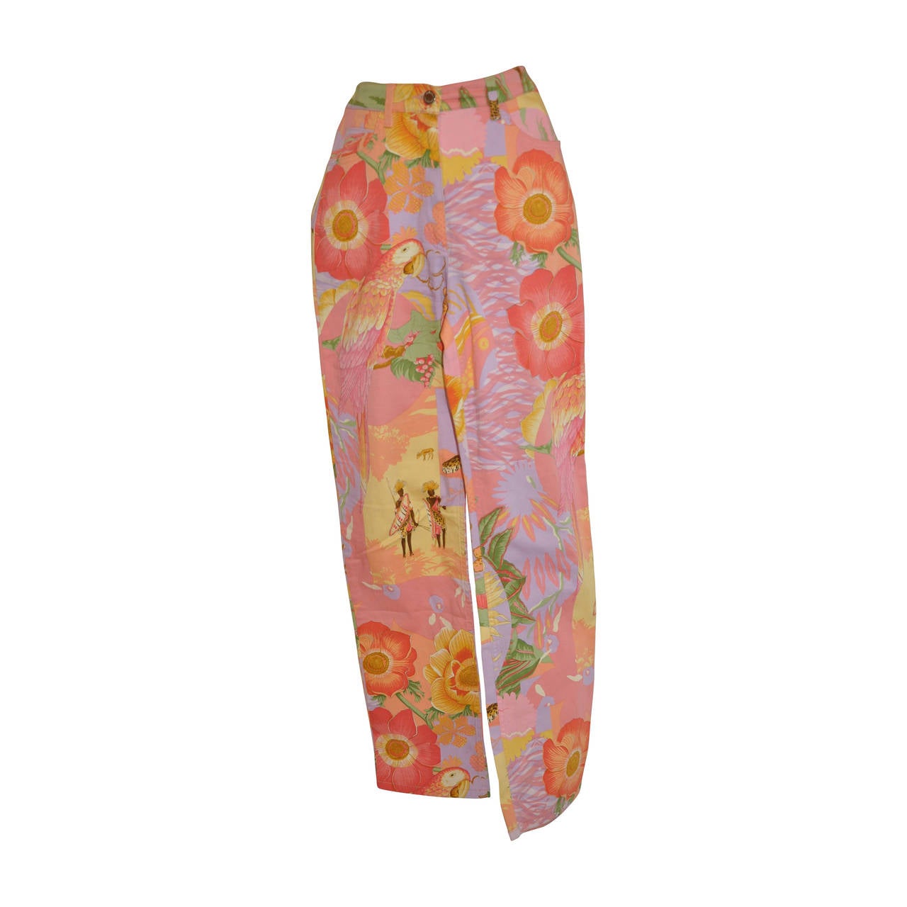 Ferragamo "Parrot & Floral" Multi-color Stretch Jeans For Sale