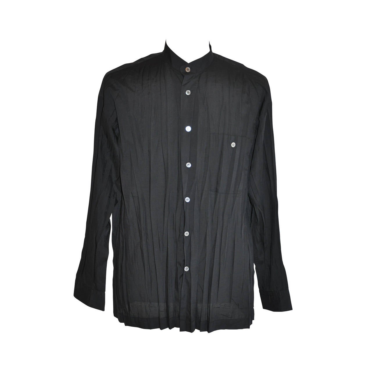 Issey Miyake Men's Black Accordian Shirt with Mother-of-Pearl Accent