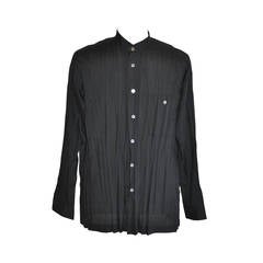 Vintage Issey Miyake Men's Black Accordian Shirt with Mother-of-Pearl Accent