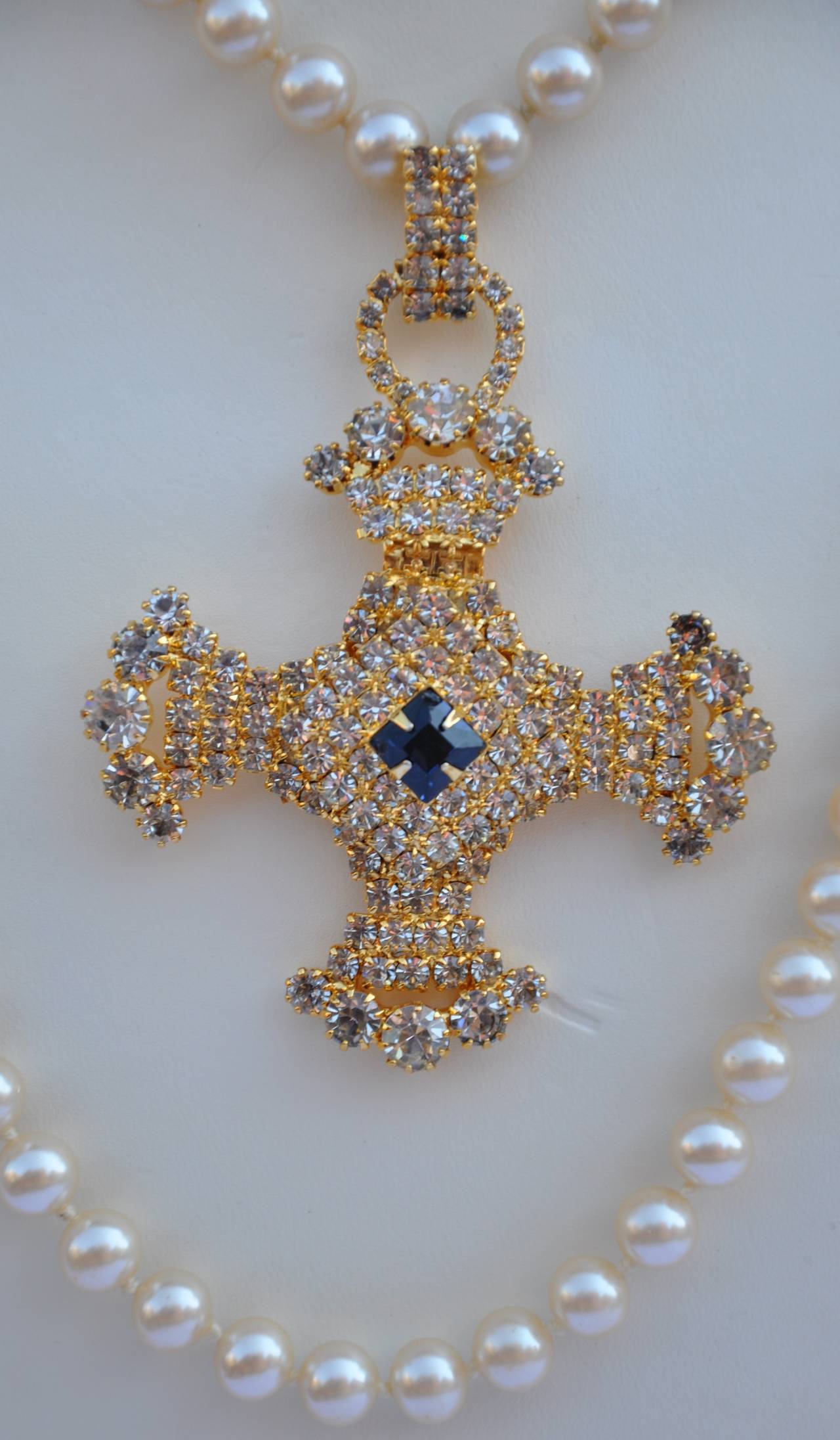 Magnificent Double-Strand Pearl Necklace with Huge Rhinestone Cross