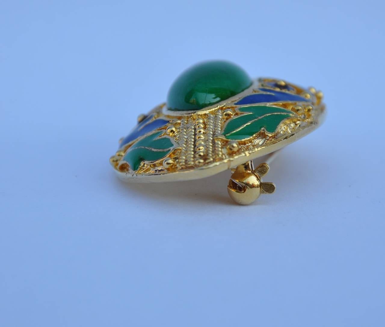 Gold with Blue & Green Enamel Accented with large Jadeite Stone Brooch In Good Condition For Sale In New York, NY