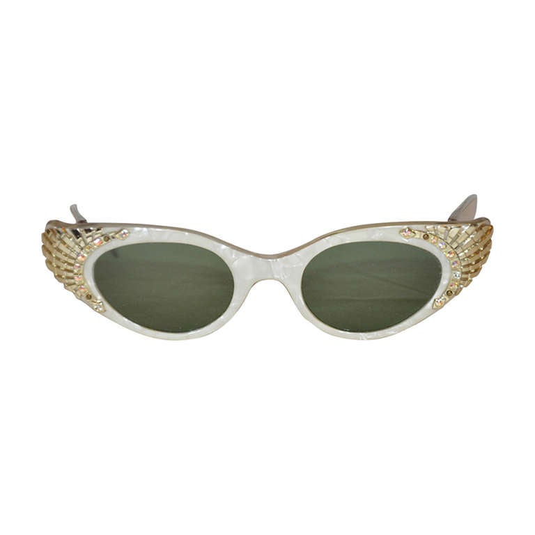 Mother-Of-Pearl Lucite Cat's Eyes Sunglasses With Gold and Rhinestones
