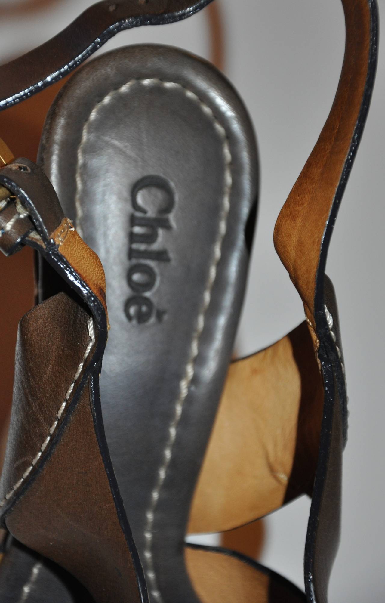 Black Chloe Warm Brown Calfskin Wedge Sandals with Detailed Top-Stitching