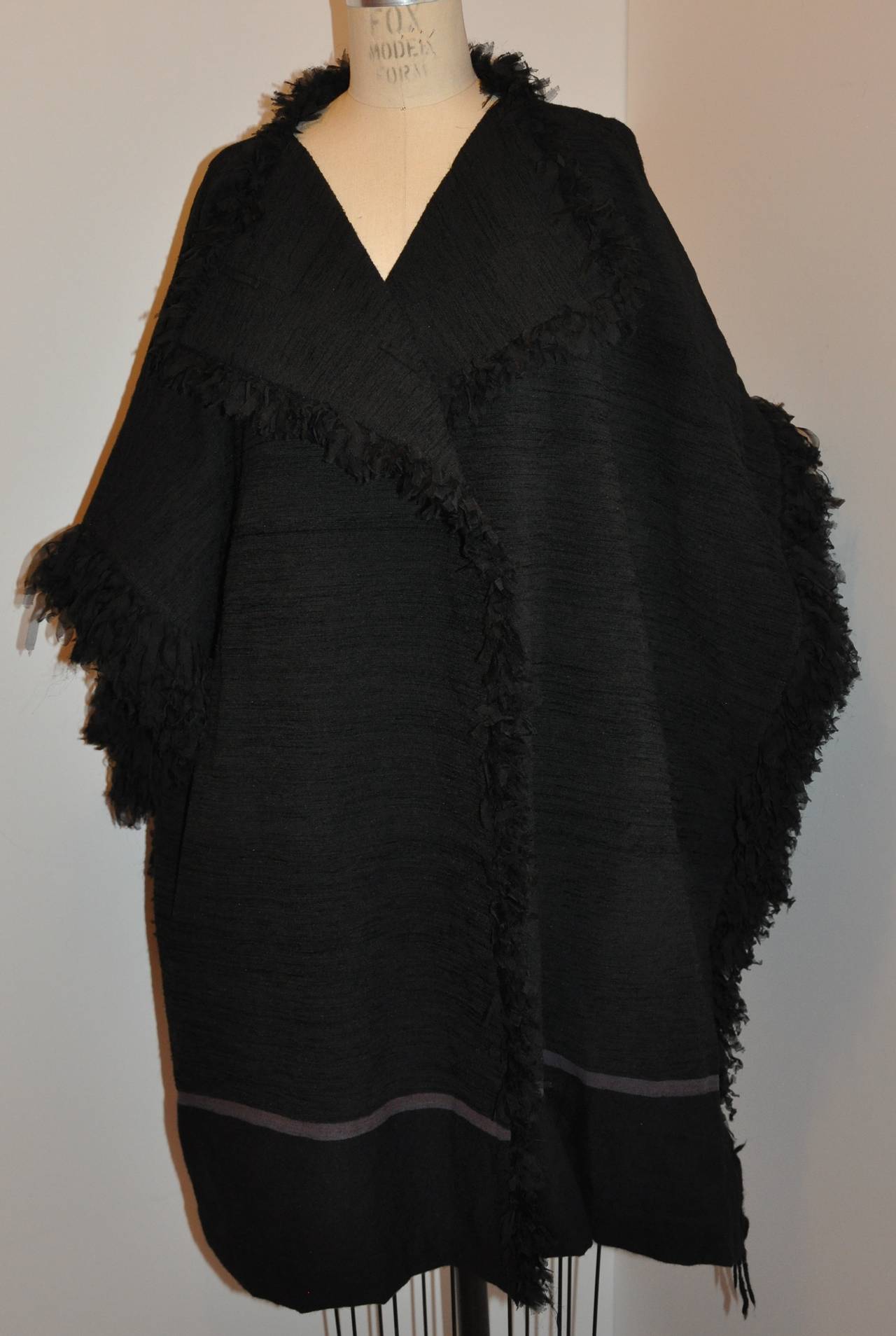 Issey Miyake's Heart Haat Black Shawl/Cape Accented with Fringe