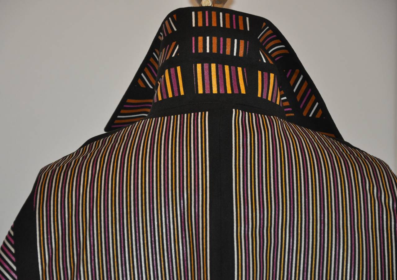 Issey Miyake Multi-Color Multi-Stripe Bold Abstract Flared Car Coat For Sale 3
