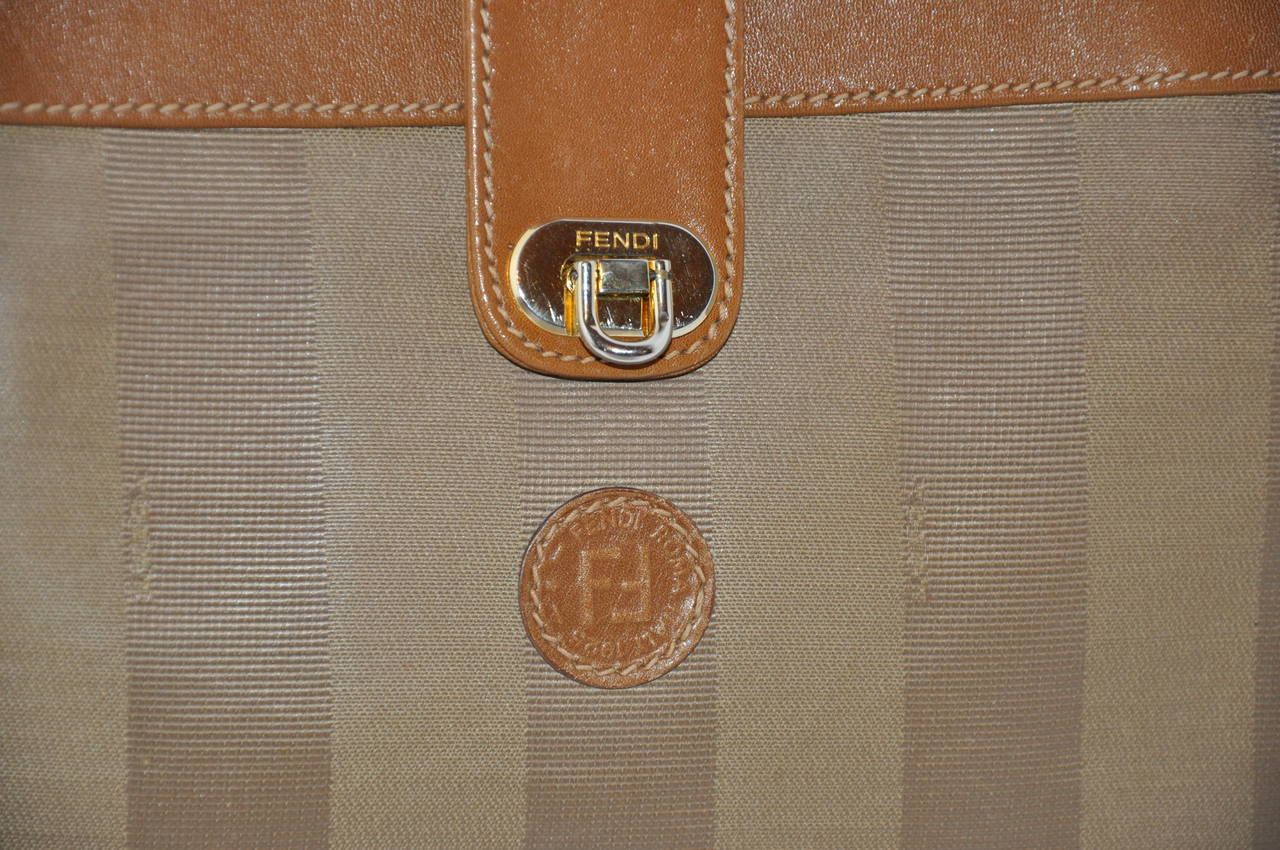 Brown Fendi Beige Calfskin Combined with Textured Silk Monogram Clutch For Sale