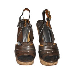 Chloe Warm Brown Calfskin Wedge Sandals with Detailed Top-Stitching