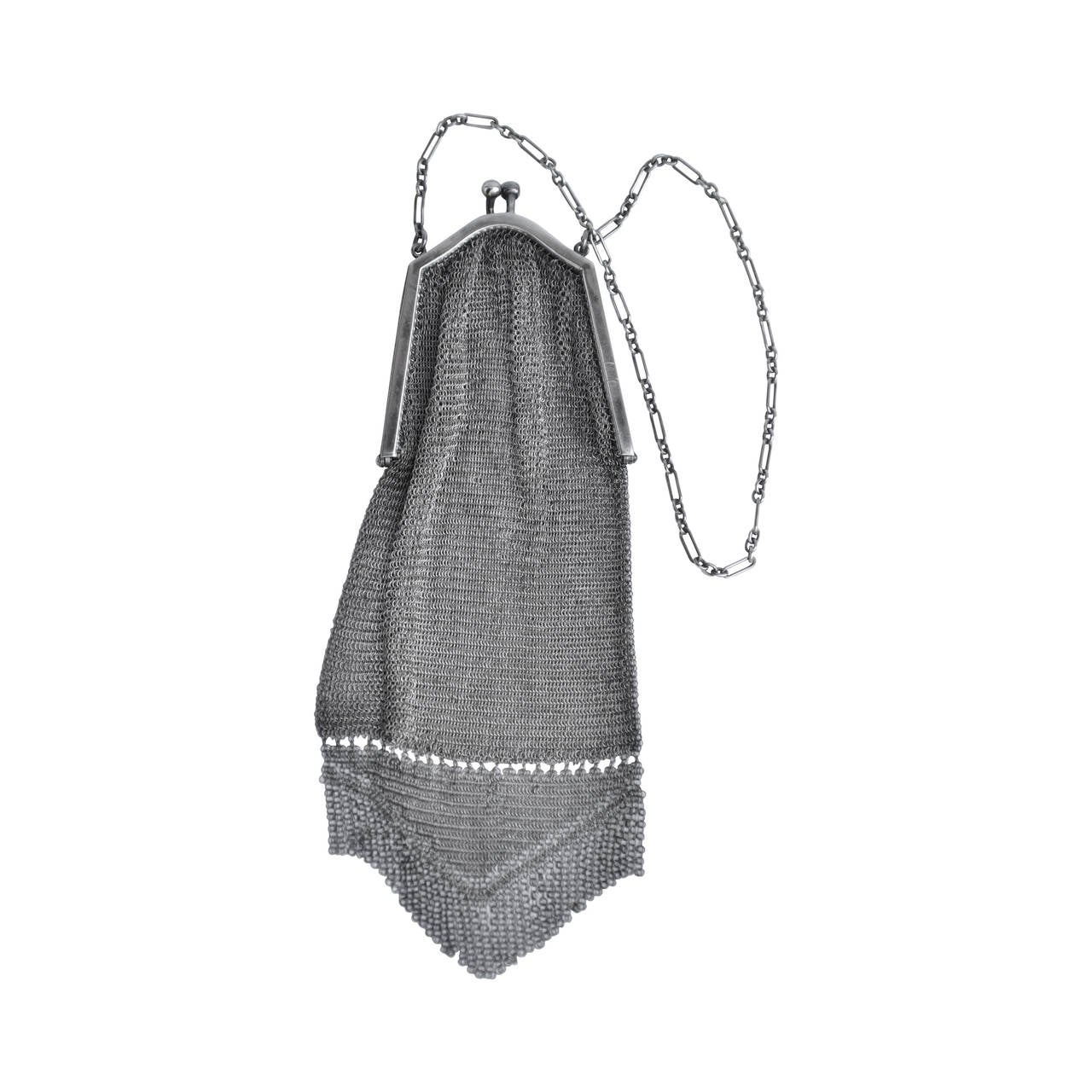 Victorian Sterling Silver Mesh Evening Handbag with Fringe For Sale