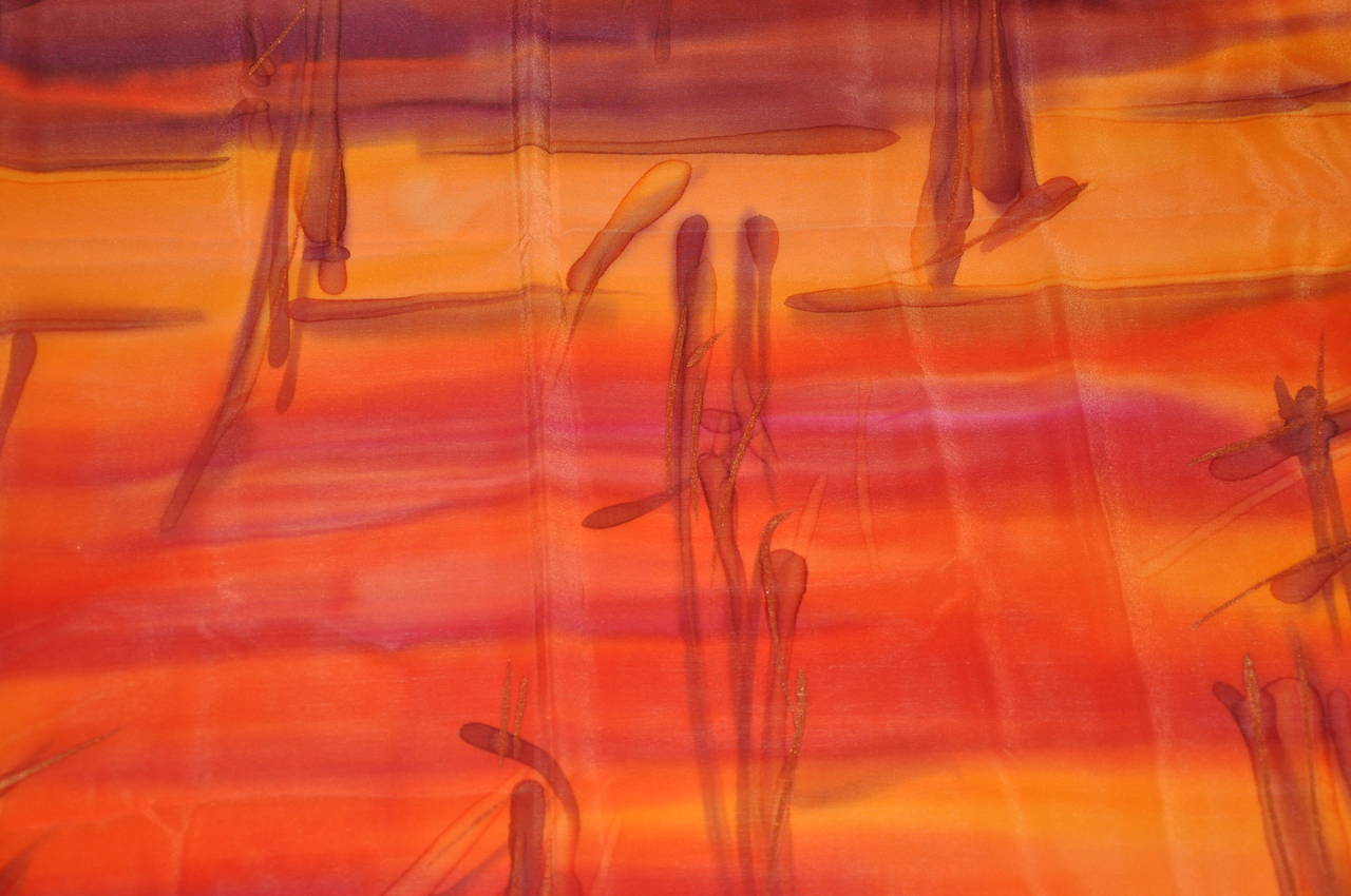 Sophie Castiel's wonderfully detailed and hand-tie-dyed and hand-painted silk crepe de chine scarf is personally signed by the designer and artist. This wonderful crepe de chine scarf measures 33