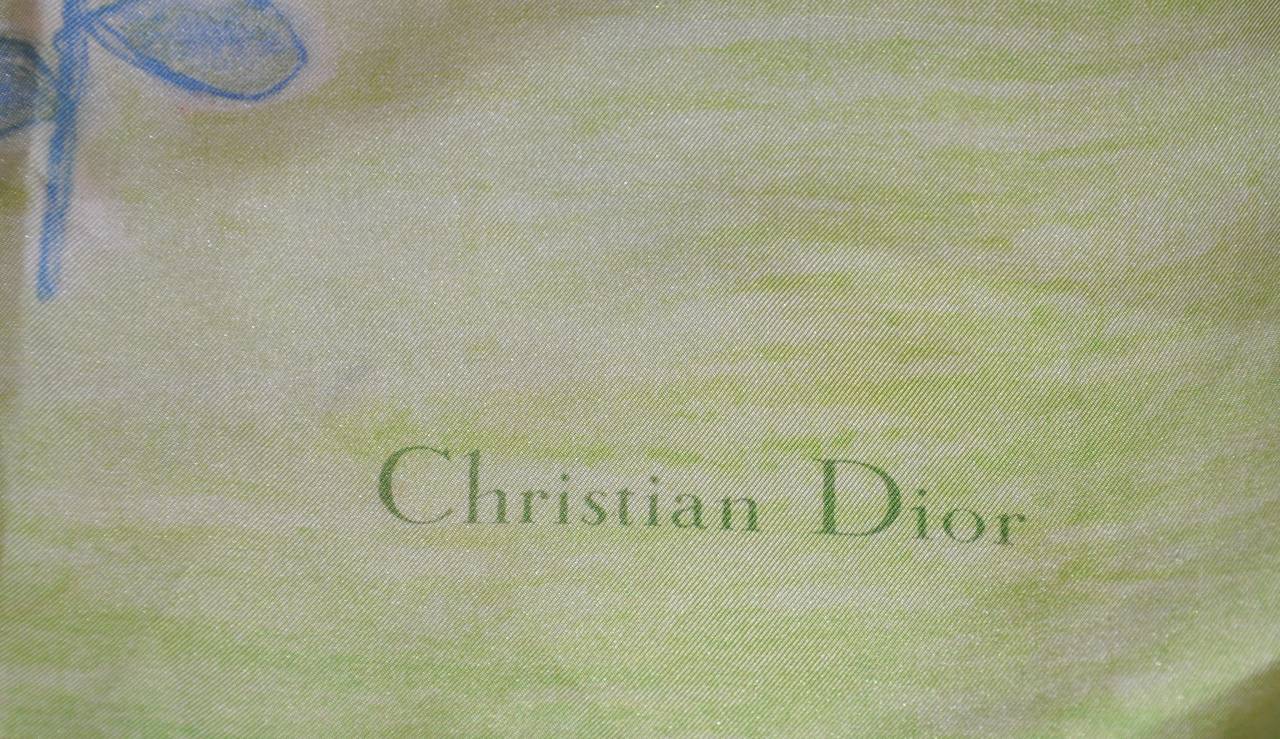 Brown Christian Dior Bold Green Abstract Floral Print Silk Scarf with Fringe