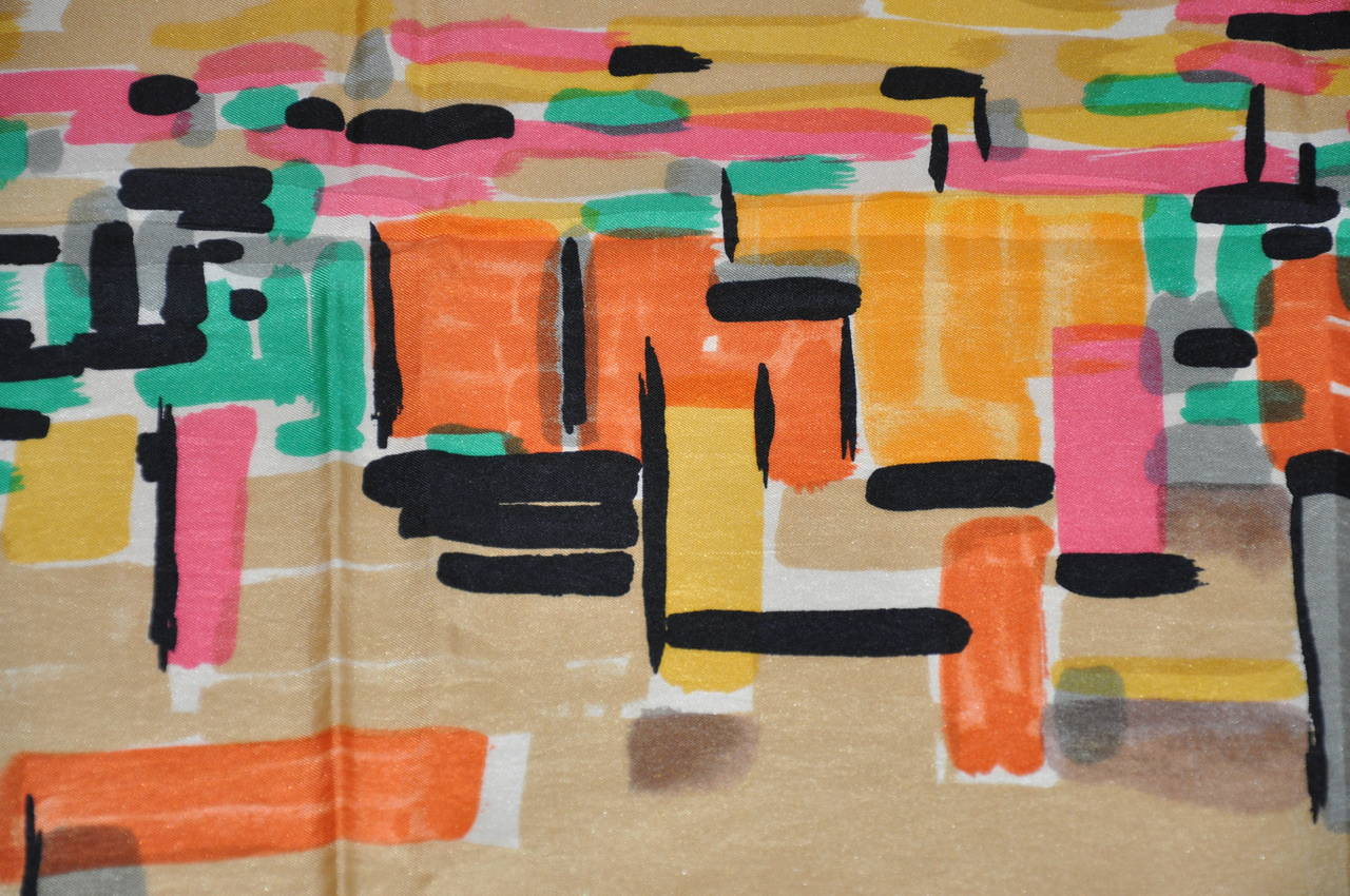 Pierre Cardin's wonderfully detailed multi-colored bold abstract silk scarf measures 29