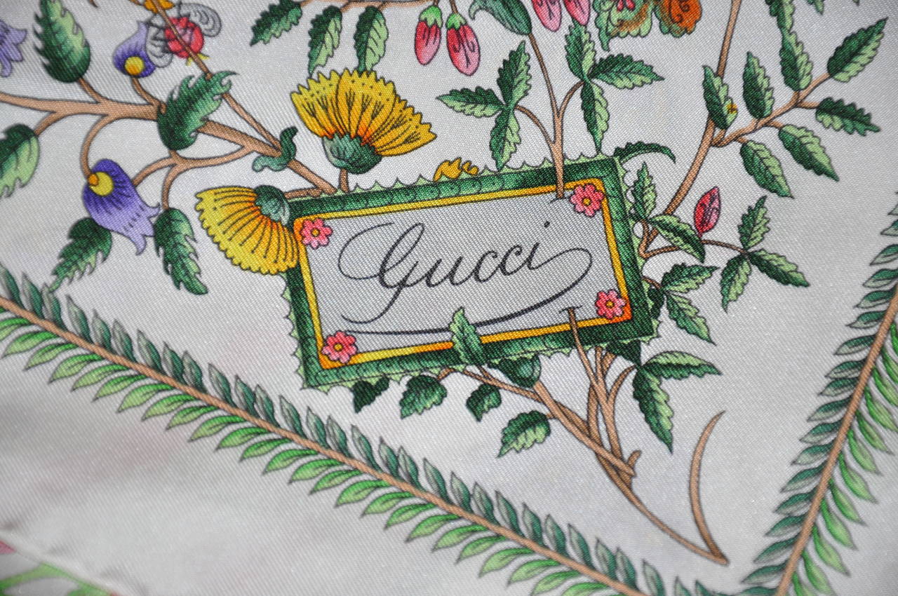 Gucci White Multi-Color Floral Print Silk Scarf In Fair Condition In New York, NY