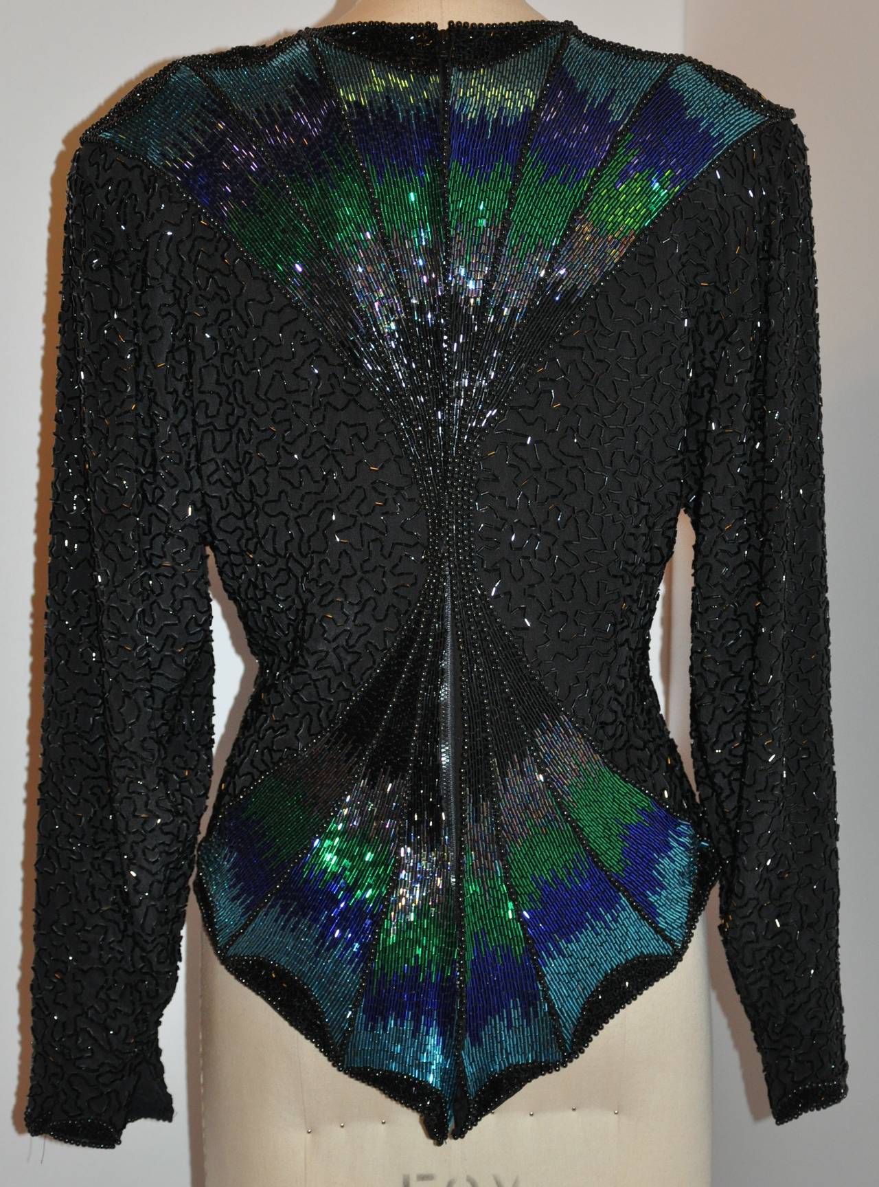 Women's Oleg Cassini Multi Color Bugle and Seed Beaded Zipper Top