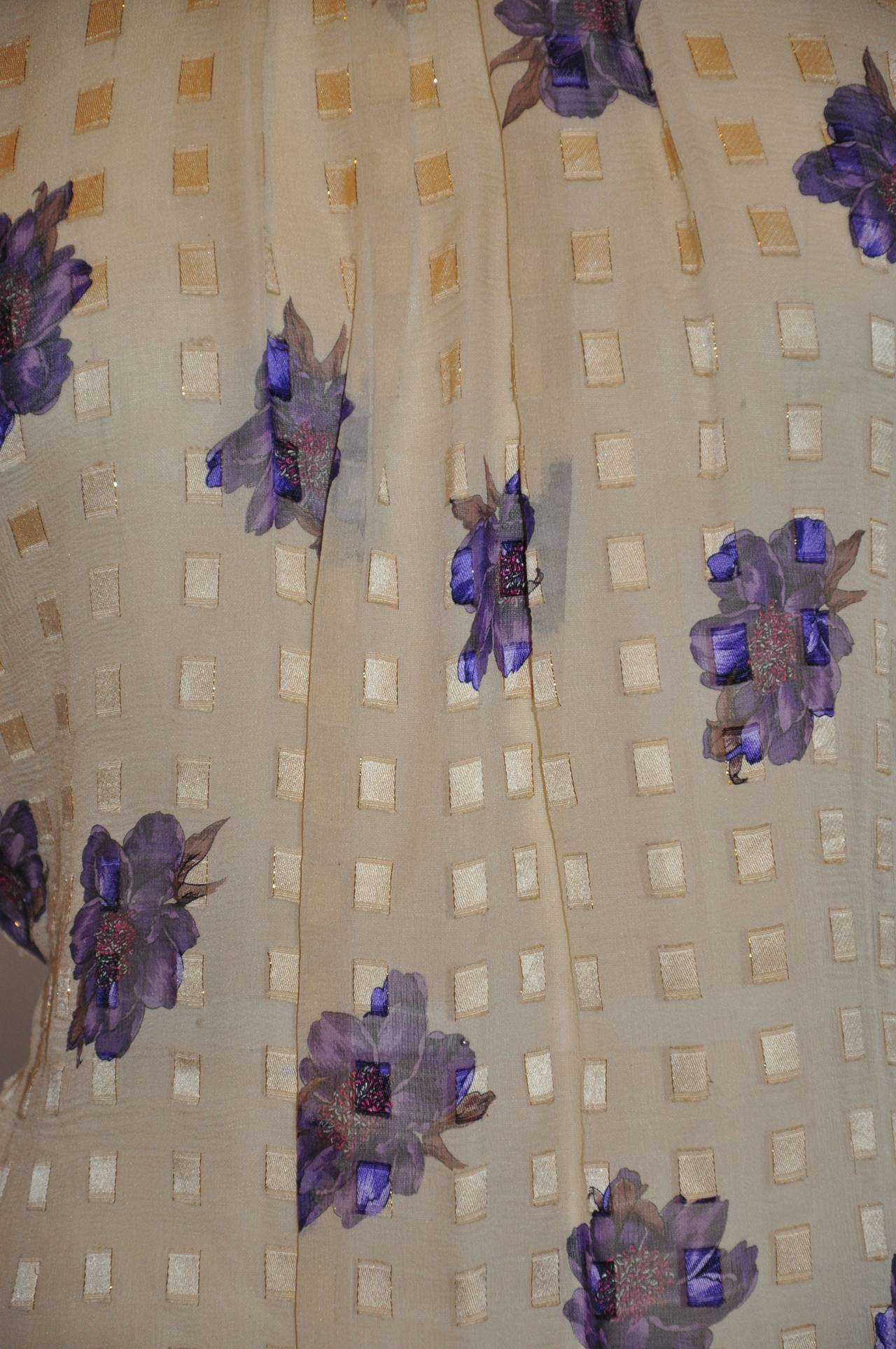 John Yang for Jack Mulqueen Cream & Violet Silk/Crepe de Chine Ruffle Top