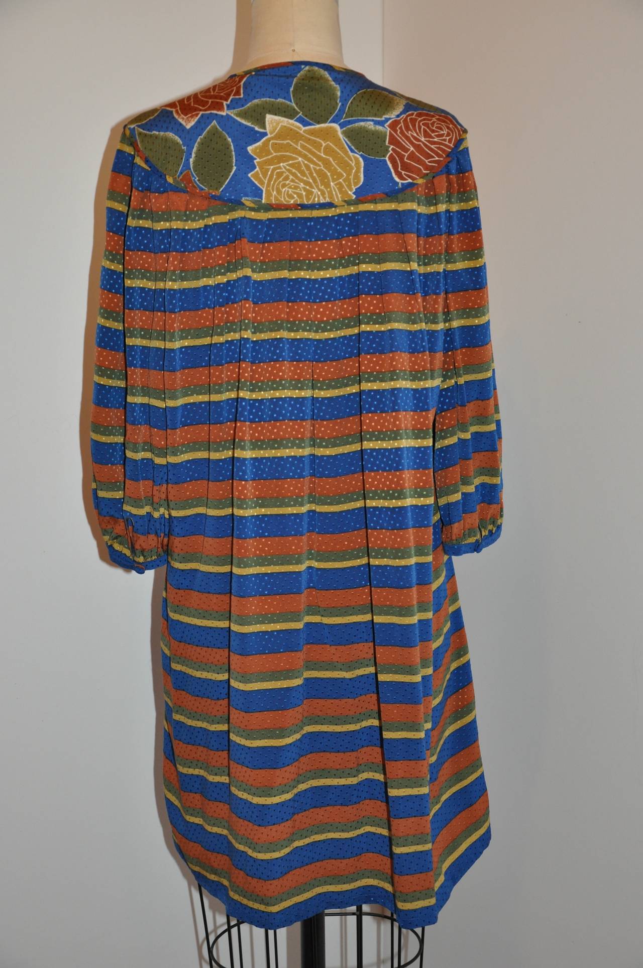 Flora Kung Floral and Stripe Silk Crepe de Chine Tunic with Optional Tie-Belt In Excellent Condition In New York, NY