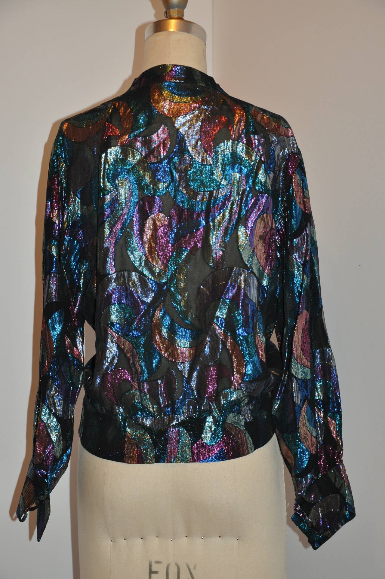 Multi-Color Silk Chiffon & Metallic Mandarin Collar Top