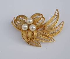 Large Gilded Gold Filigree Accented with Pearl Brooch