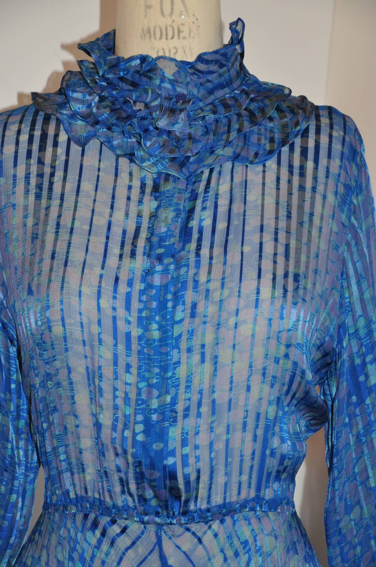 Shades of Blues Silk & Silk Chiffon Stripes & Ruffles Dress In Good Condition In New York, NY