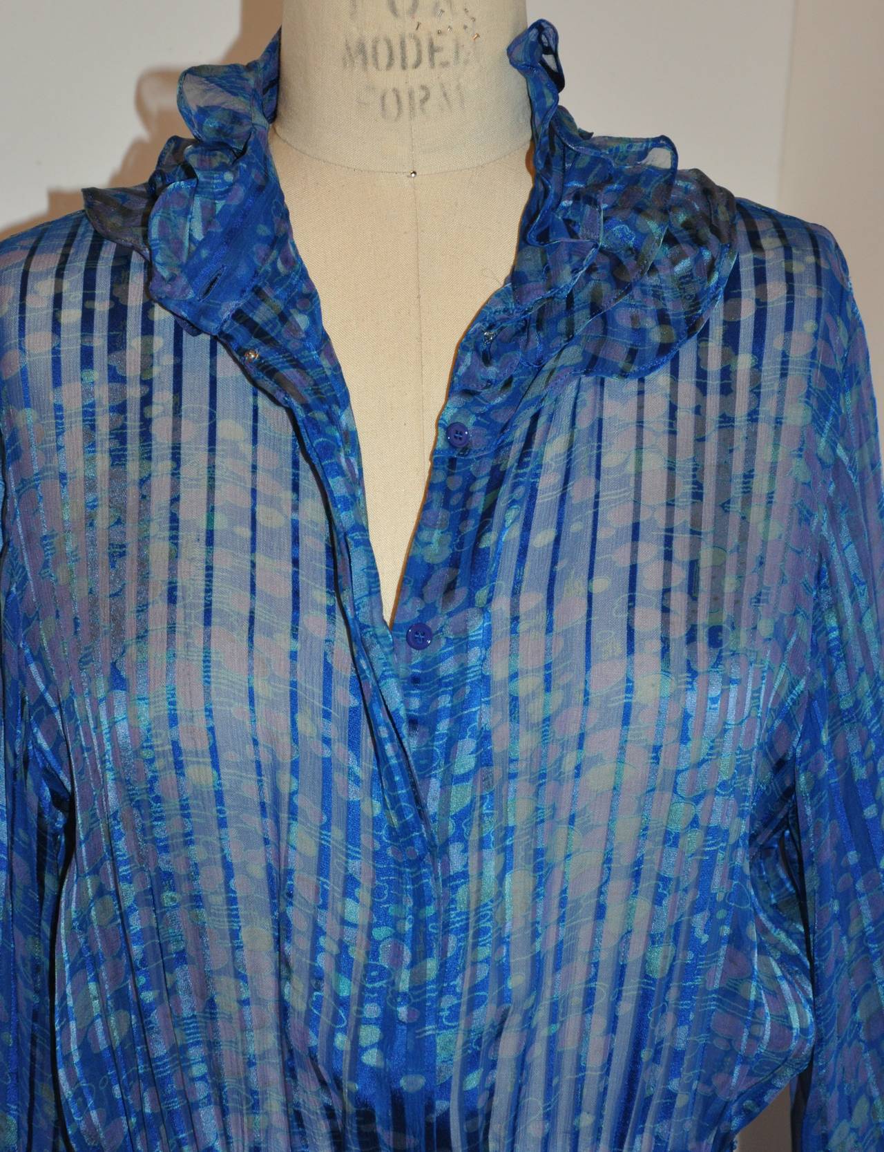 Women's Shades of Blues Silk & Silk Chiffon Stripes & Ruffles Dress