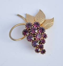 Gilded Gold with Violet Rhinestones "Grapes" Brooch