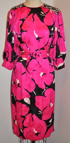 Flora Kung Bold Fuchsia & Black Floral and Leopard Print Dress with Tie Belt