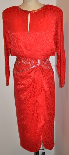 A.J. Bari Red Crepe de Chine with Detailed Beadwork Cocktail Dress