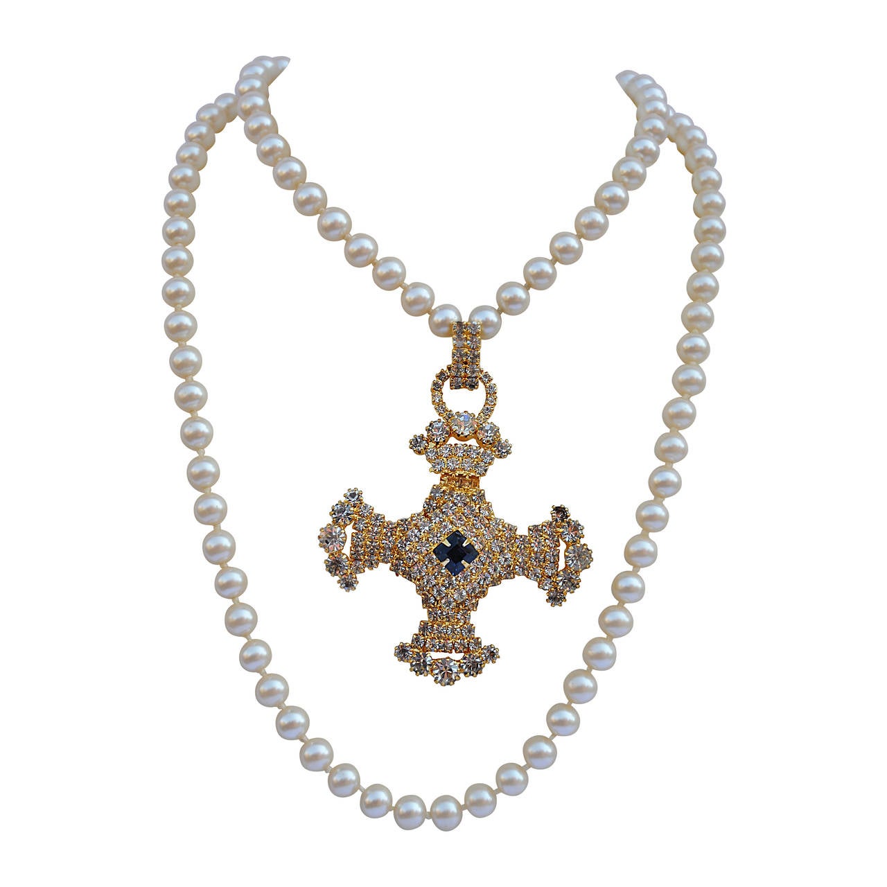 Magnificent Double-Strand Pearl Necklace with Huge Rhinestone Cross For Sale