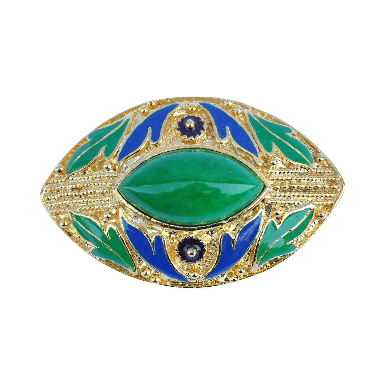 Brosche aus Gold mit blauer und grüner Emaille, akzentuiert mit großen Jadeitsteinen