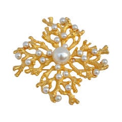 Vintage Kenneth Jay Lane Huge Gilded Gold Vermeil with Pearls Brooch