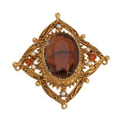 Large Gilded Gold Filigree Vermeil With Multi-Seed Accent Brooch